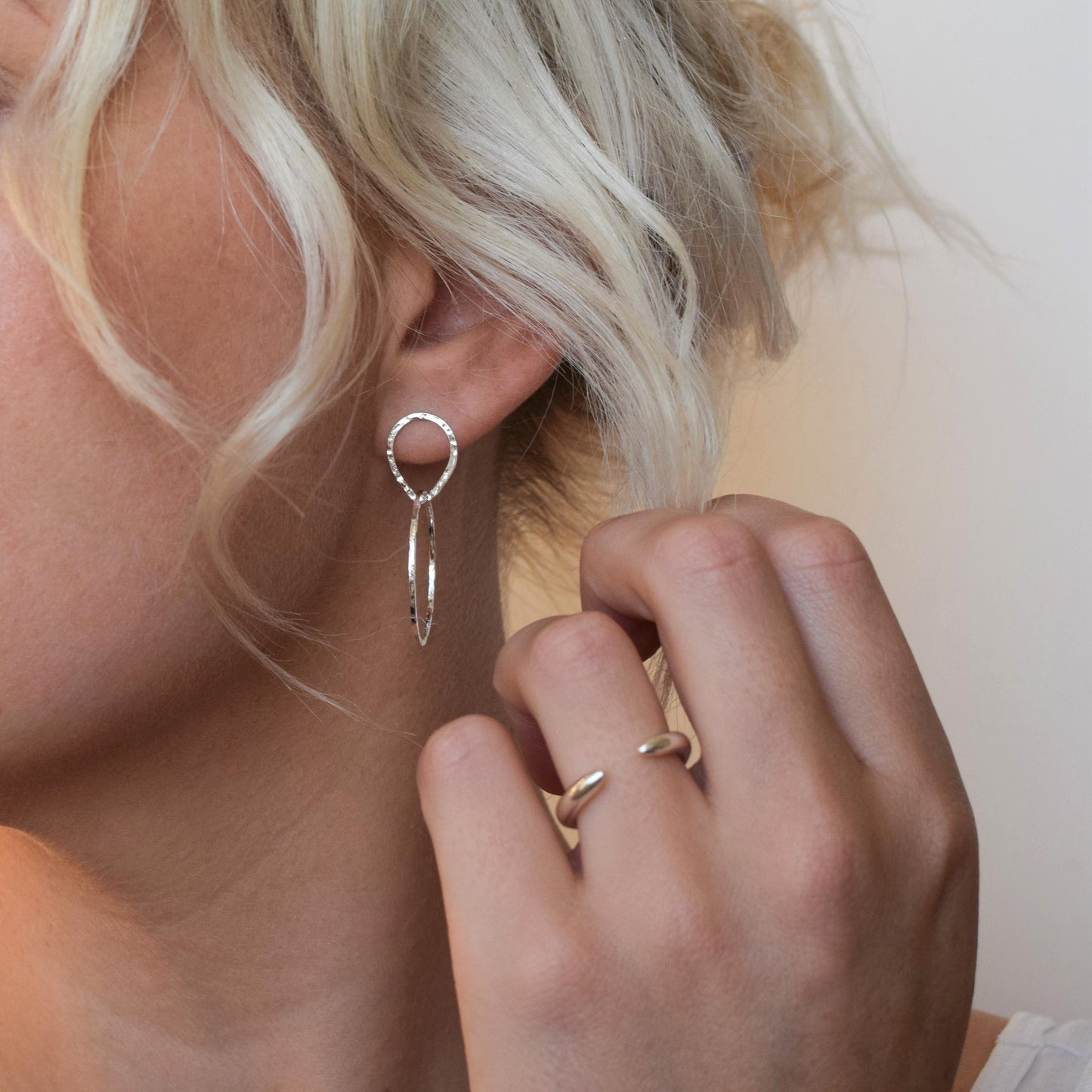 Teardrop Circle Earrings on blond model