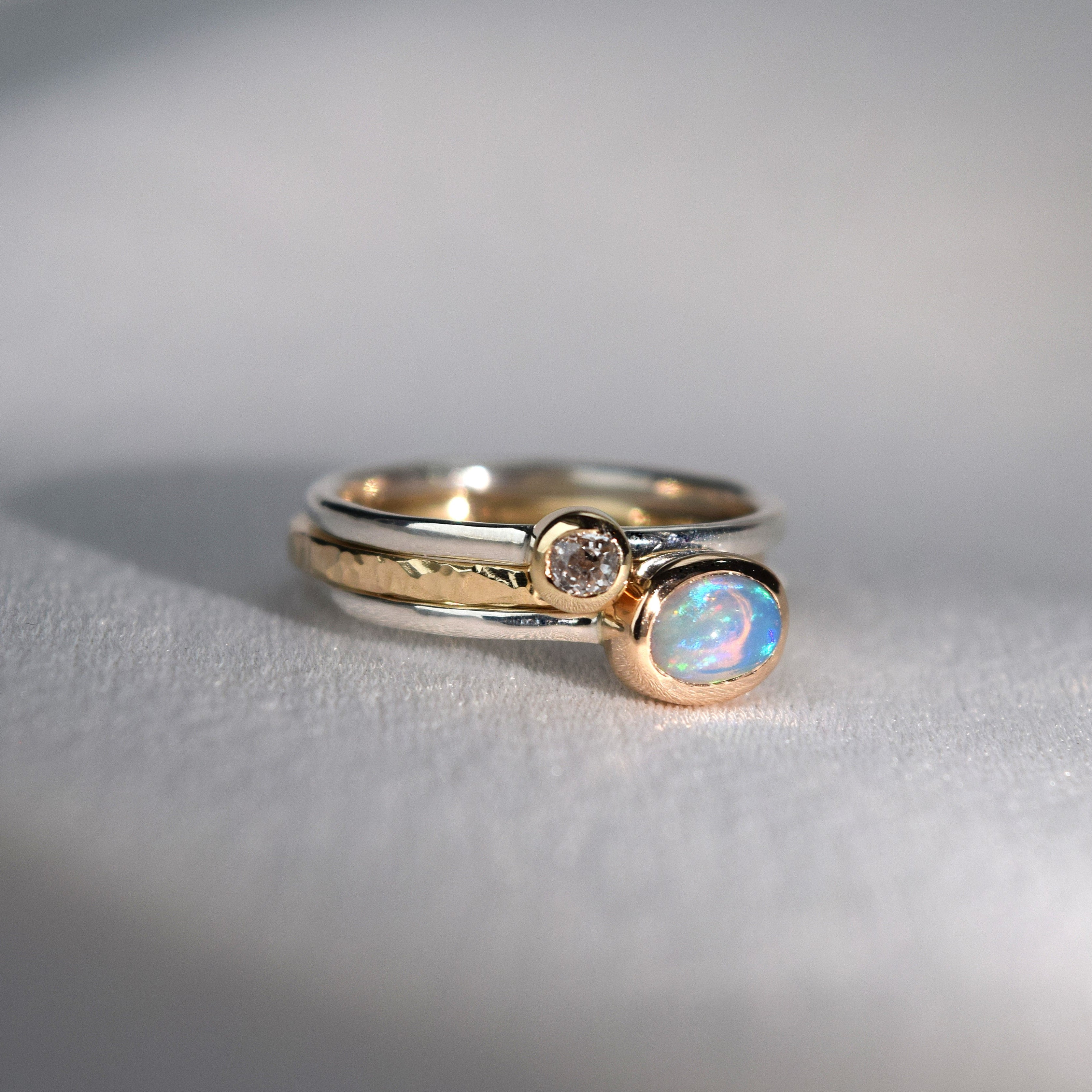 Bespoke heirloom diamond and opal set in recycled gold