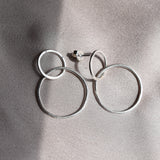 Hammered silver double circle drop earrings handmade in UK