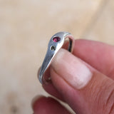 Pink tourmaline and green sapphire silver wave ring handmade in Scotland, UK