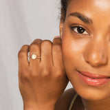 model wearing a recycled sterling silver and pearl ring