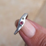 stunning pink tourmaline and green sapphire ring, handmade in recycled sterling silver uk