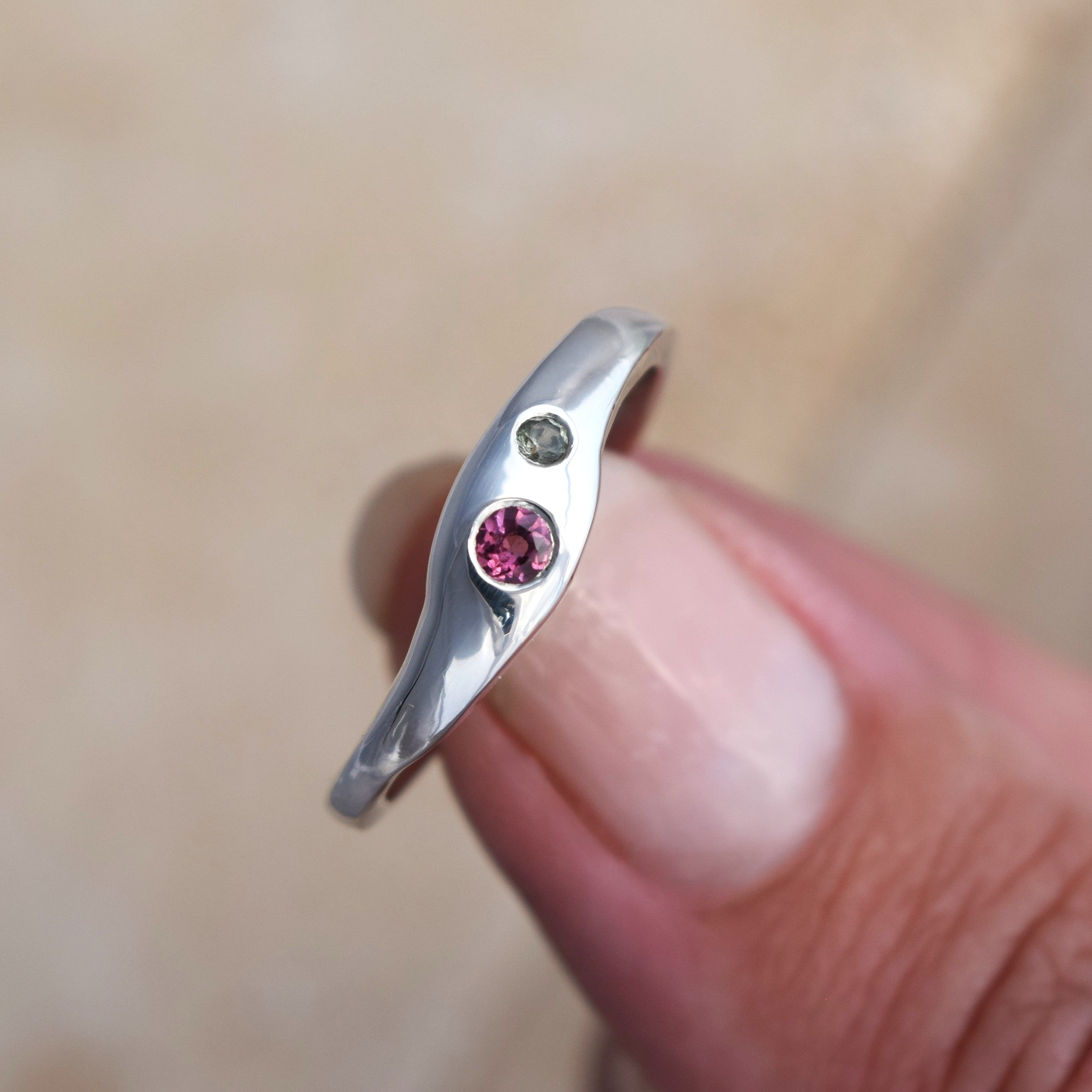 stunning pink tourmaline and green sapphire ring, handmade in recycled sterling silver uk