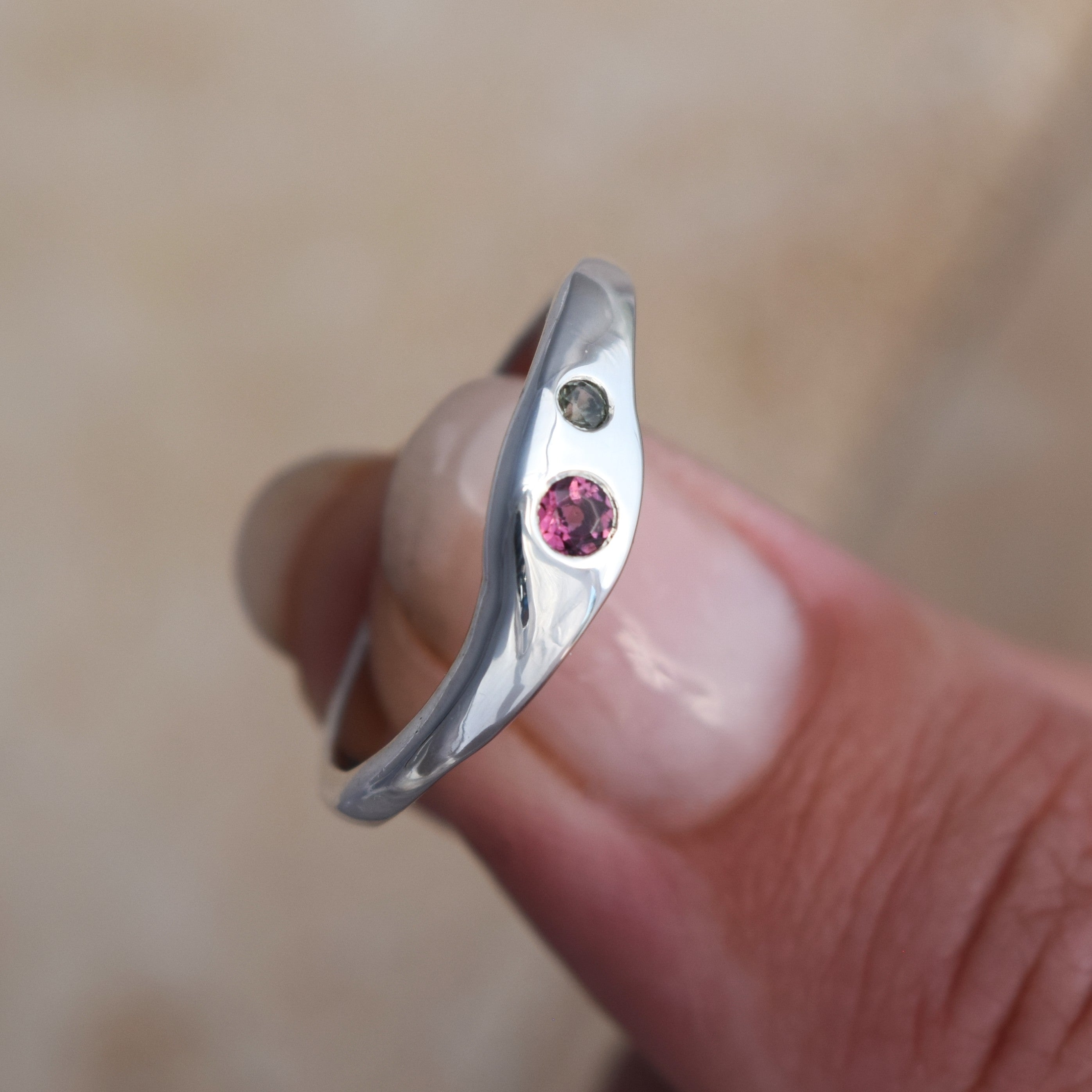 stunning pink tourmaline and green sapphire ring, handmde in recycled sterling silver uk