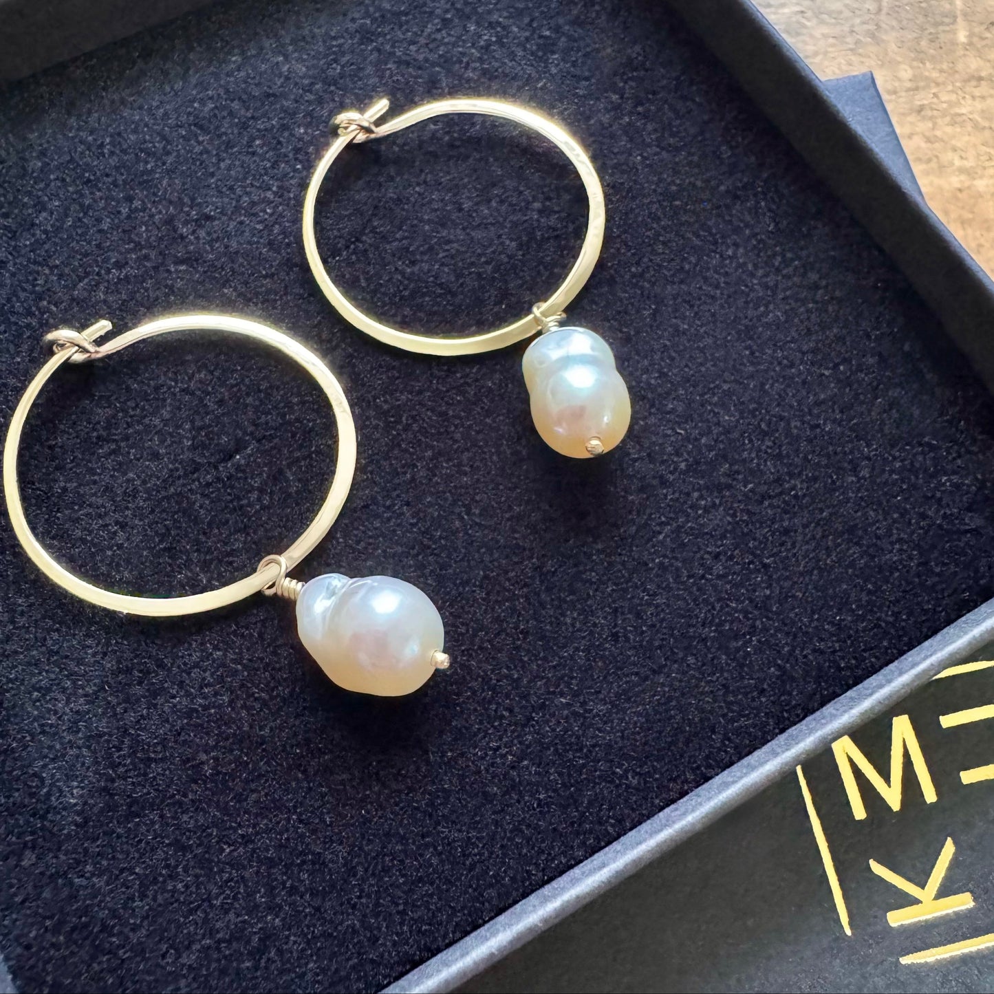 Recycled gold keshi pearl hoop earrings  handmade in Scotland, uk