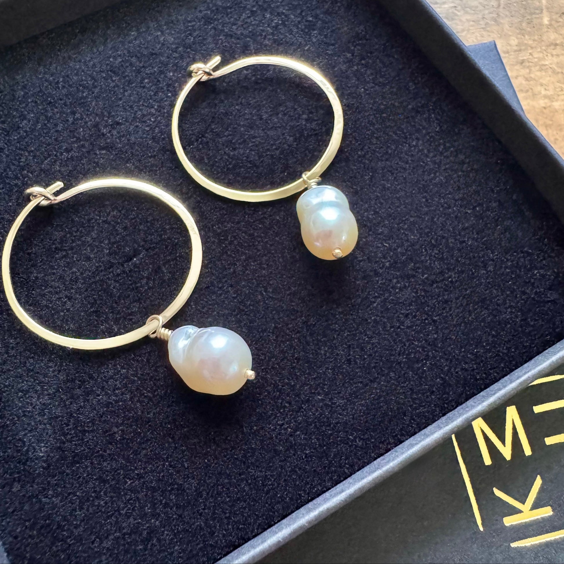 Recycled gold keshi pearl hoop earrings  handmade in Scotland, uk