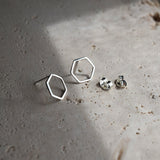 Hexagon stud earrings handmade in recycled sterling silver UK