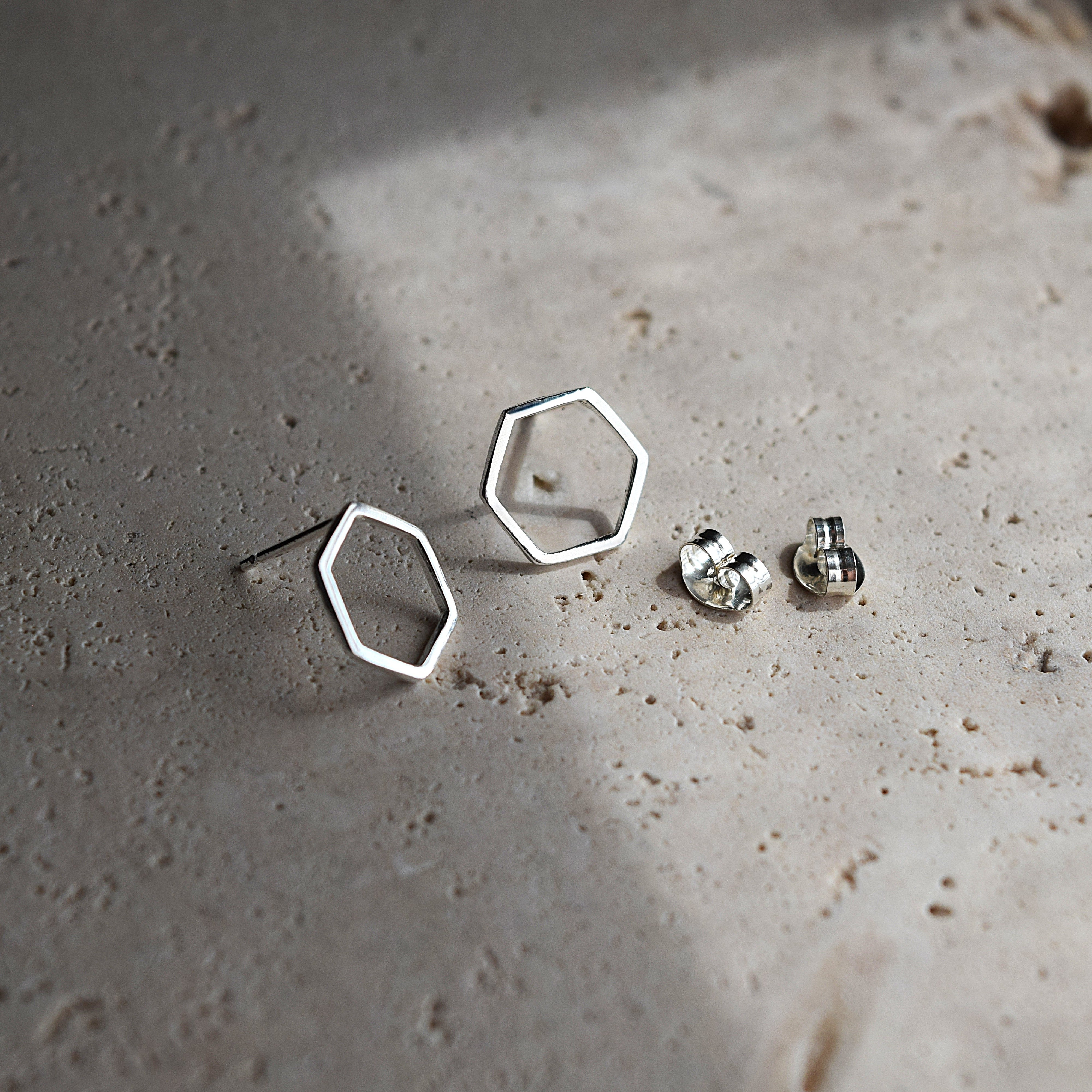 Hexagon stud earrings handmade in recycled sterling silver UK