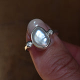 Silver ring with large keshi pearl and lab diamonds set in recycled sterling silver handmade in Glasgow, Scotland