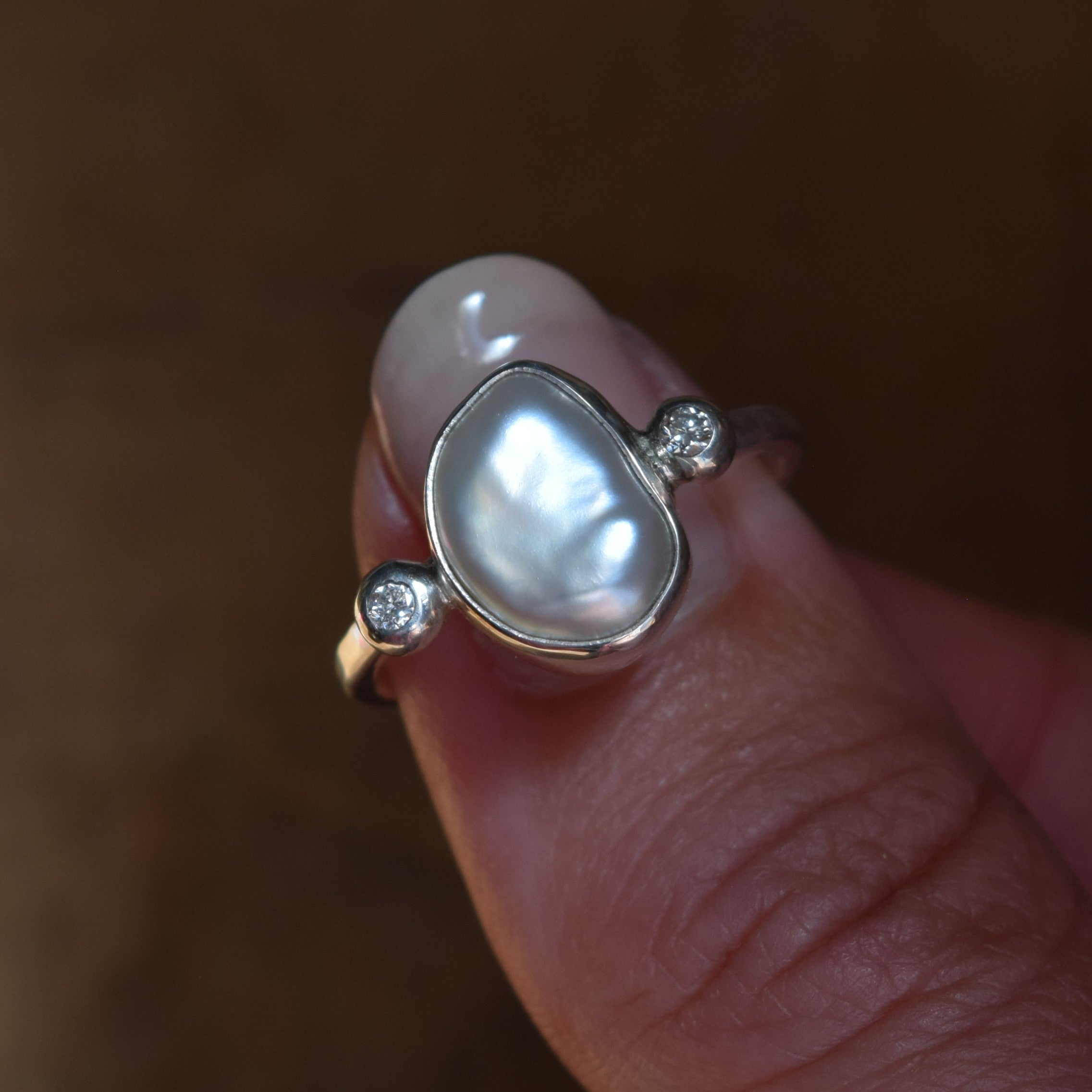 Silver ring with large keshi pearl and lab diamonds set in recycled sterling silver handmade in Glasgow, Scotland