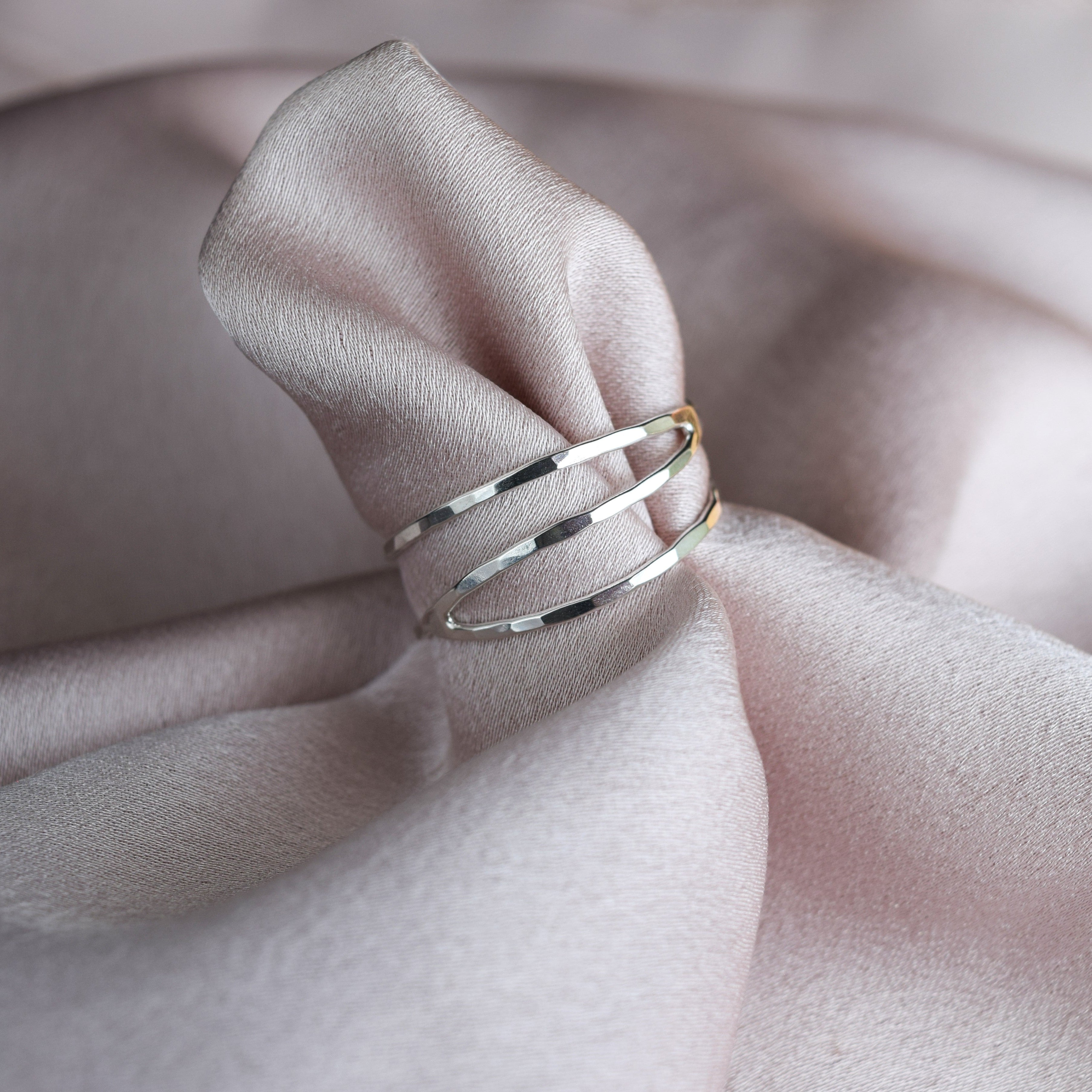 Silver wave ring handmade in UK in hammered silver, delicate and pretty ring for everyday wear