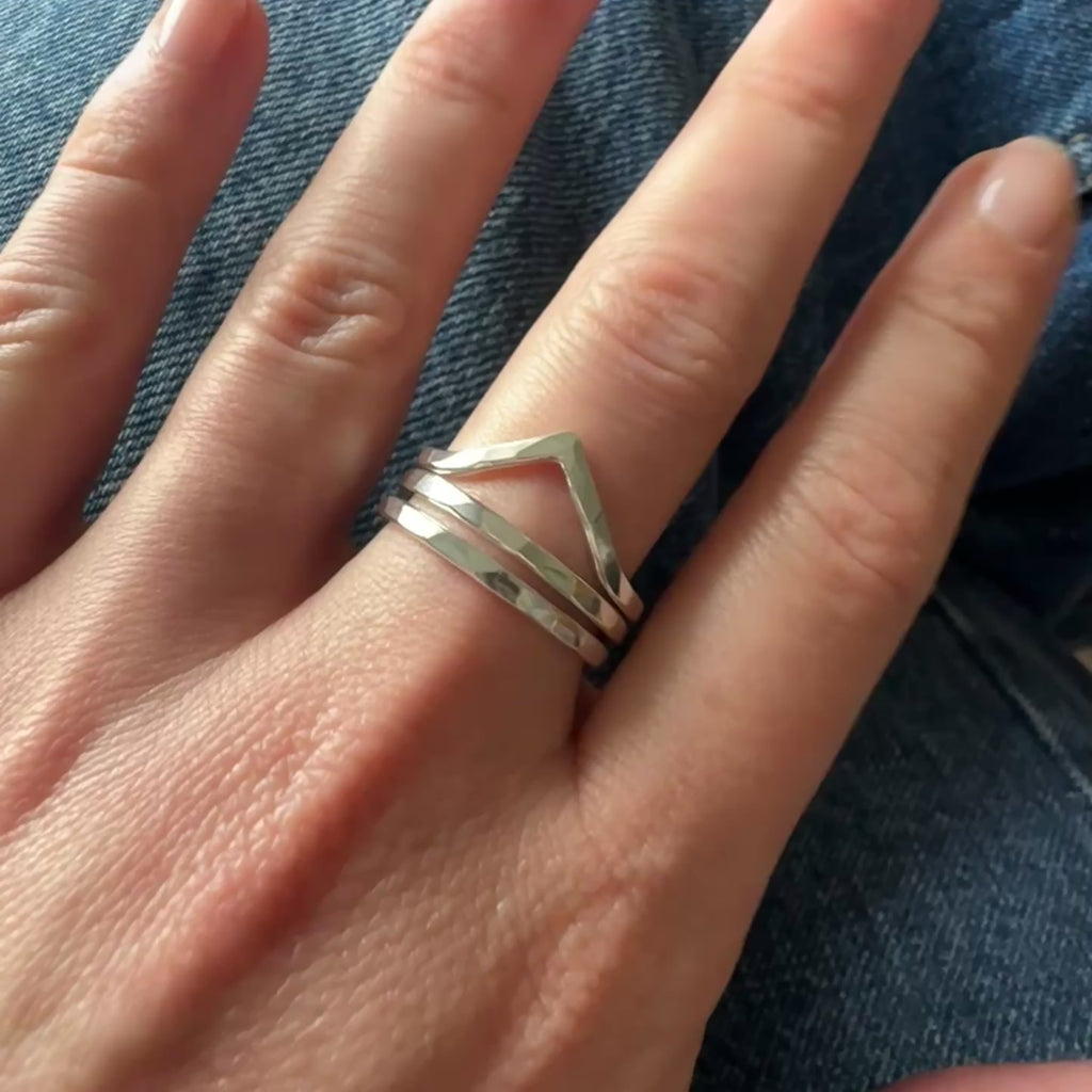 Hammered recycled silver chevron stacking rings handmade in Glasgow, UK