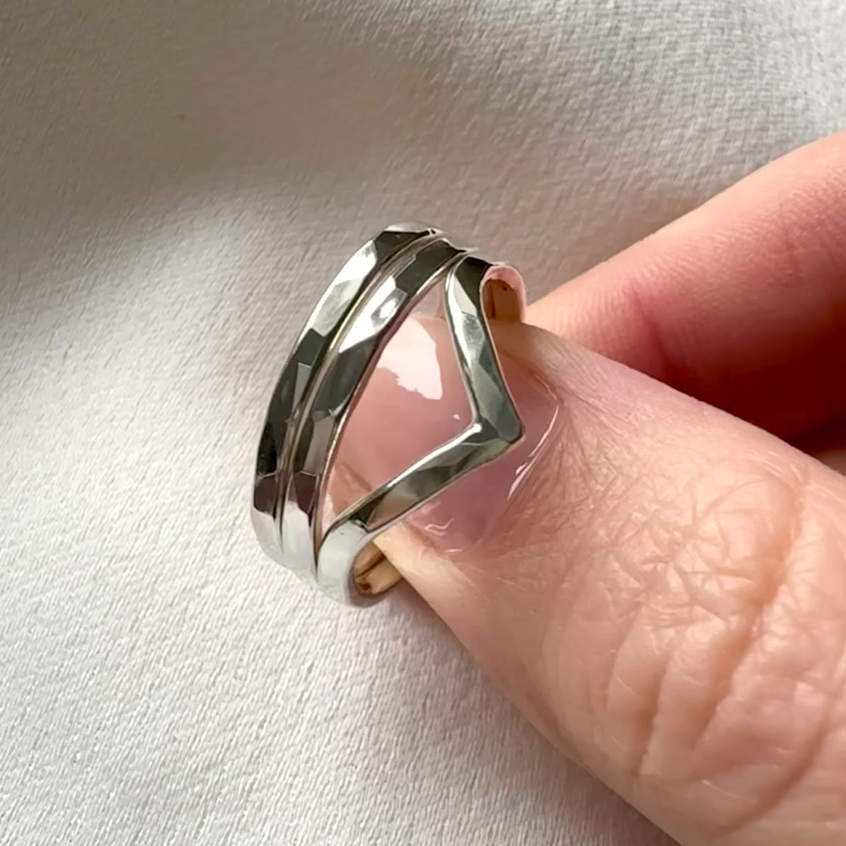 Hammered recycled silver chevron stacking rings handmade in Glasgow, Scotland