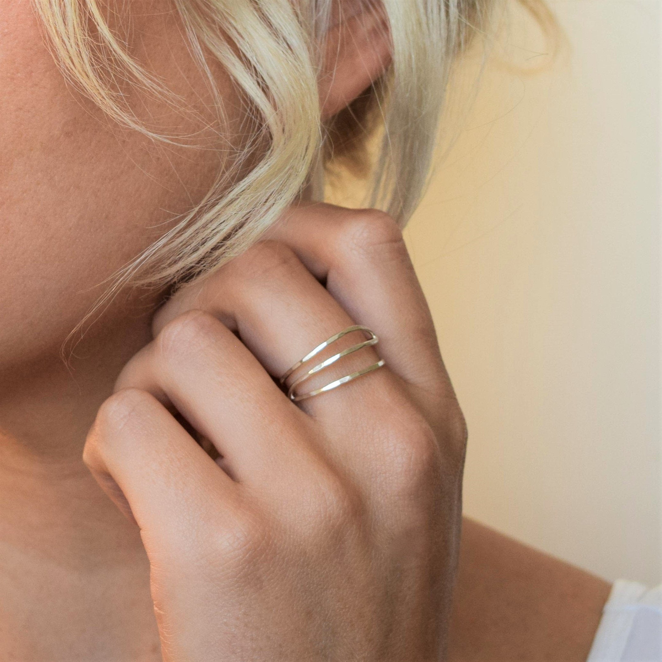 Hammered silver wave ring handmade in recycled sterling silver or solid 9ct gold, delicate wavy design for everyday wear
