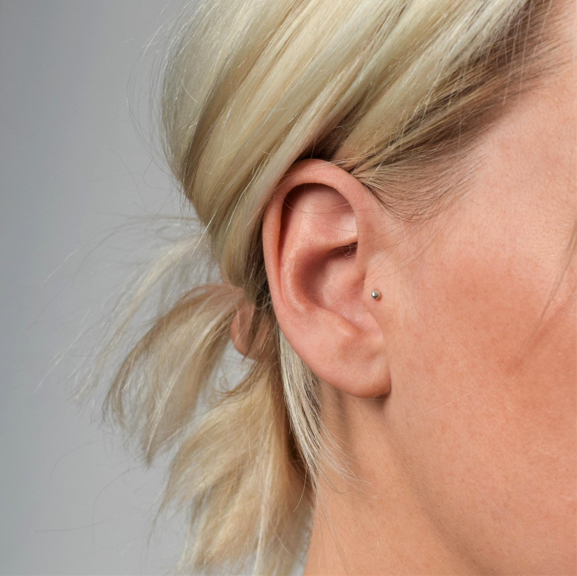 Cartilage stud worn in the tragus piercing on blond model