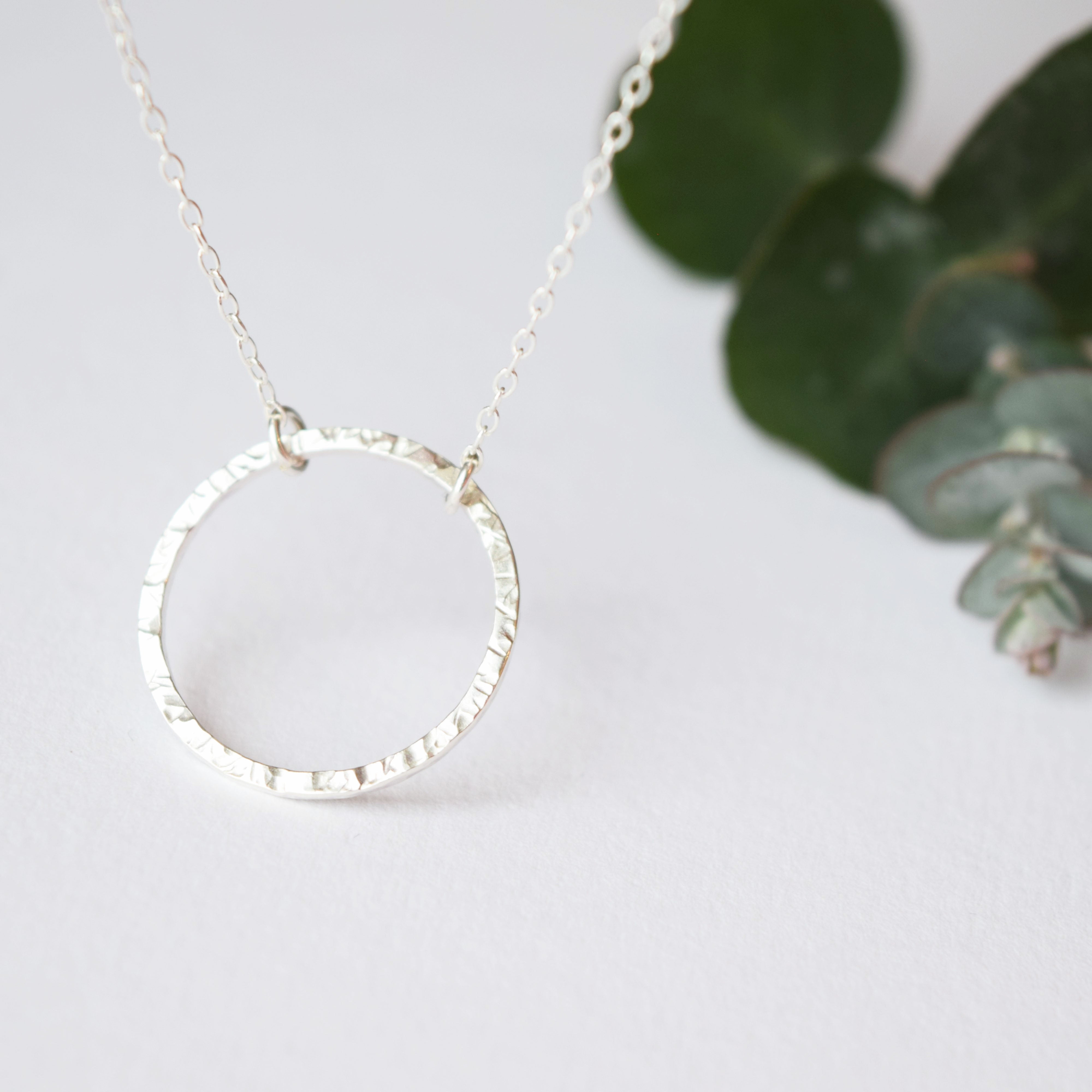 Hammered silver circle necklace created in recycled silver, handmade in Scotland, UK