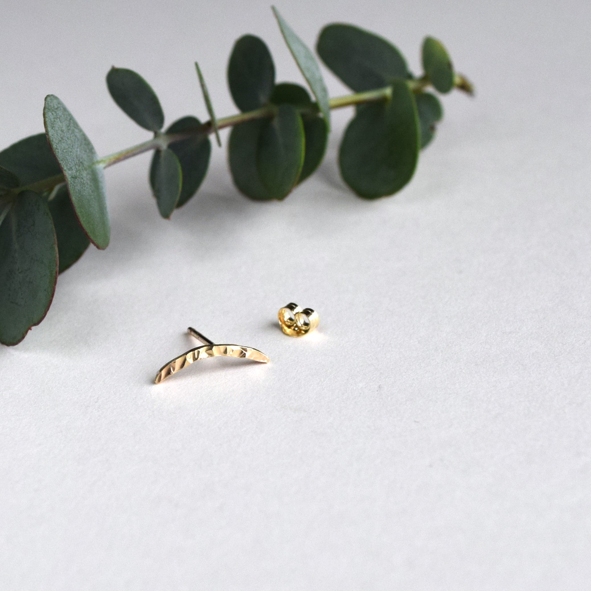Solid gold crescent earring for helix piercing top of ear handmade in uk